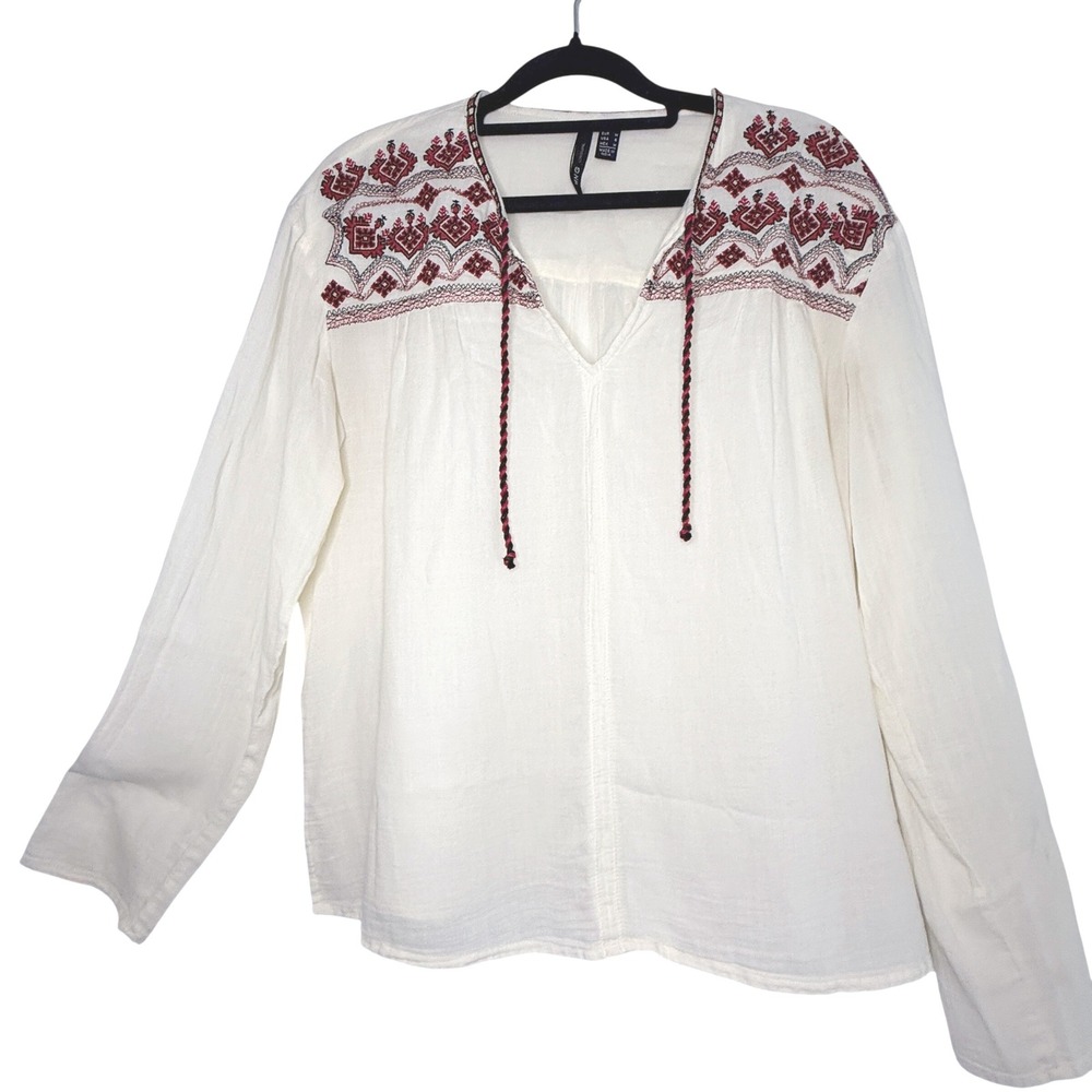 Mango Casual Women Medium Off White Embroidered Peasant Blouse Boho Long Sleeve